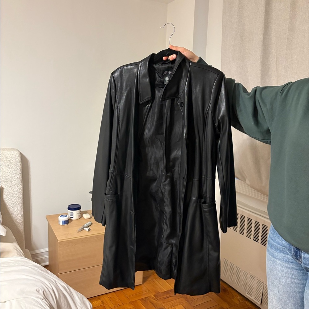 Black Leather Midi Coat - Women's Classic Trench